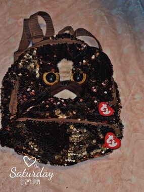 Ty Sequin Pug Mini Backpack in Brown and Gold